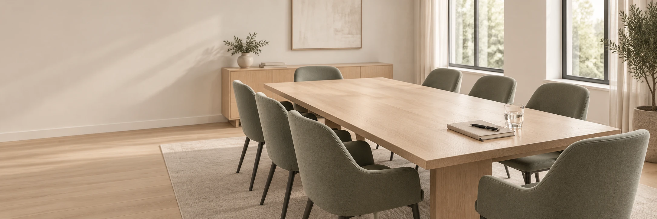 Lichte boardroom met een ruime houten vergadertafel, meerdere stoelen en grote ramen.