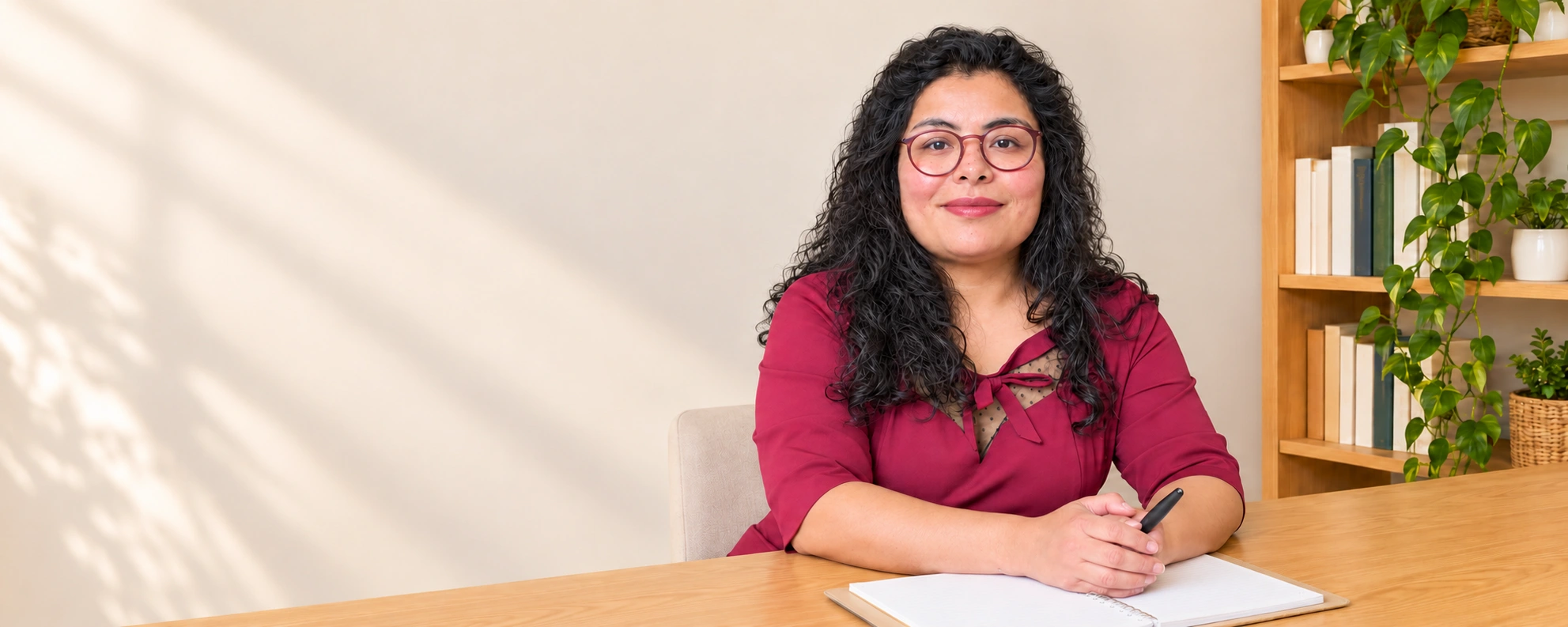 Sabrina Benton aan tafel met haar agenda in een rustige werkkamer