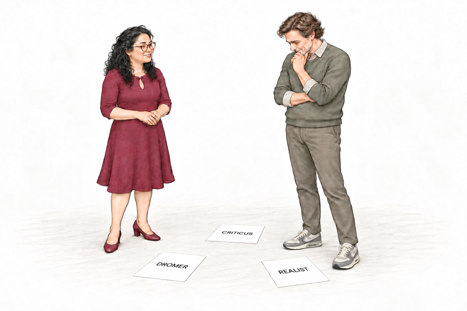De Disney-methode met drie A4’s op de grond: Dromer, Realist en Criticus.
